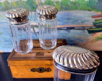 Vintage Silverplate Vanity Jars, Cut Glass Crystal Containers, Bathroom Counter Storage