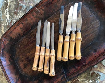 Vintage Bamboo Handled Knives: Stainless Steel Charcuterie Set