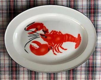 Vintage Lobster Enamelware Oval Platter, Two Available, Lobster Tray