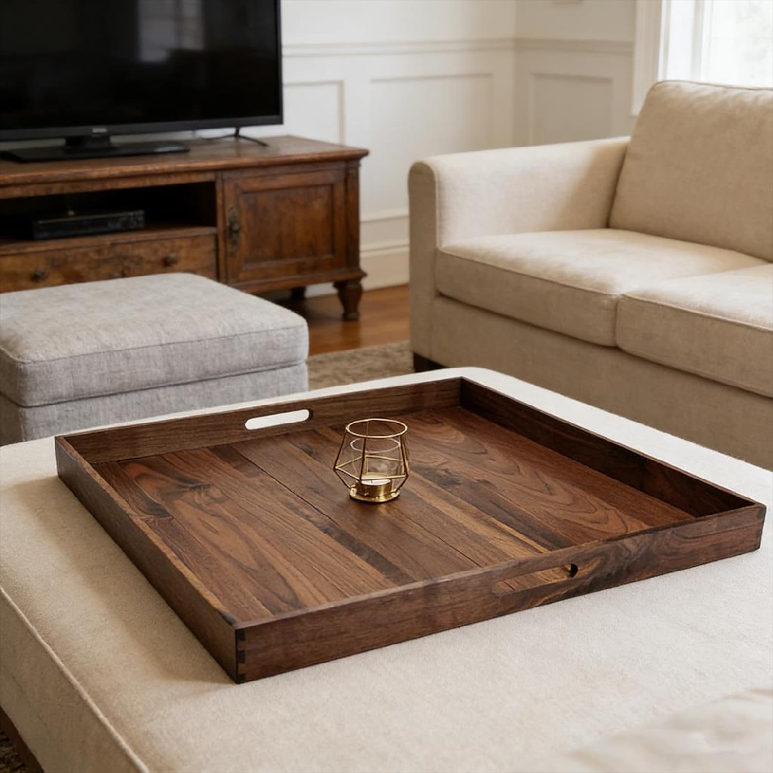 Solid Walnut Ottoman Tray with Dovetail Joinery, Square Serving Tray for Coffee Table - 24″L x 24″W x 2.5″H