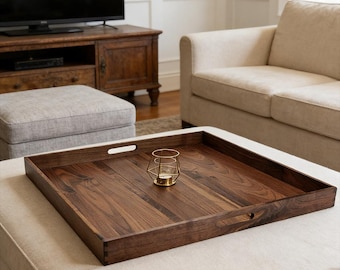 Solid Walnut Ottoman Tray with Dovetail Joinery, Square Serving Tray for Coffee Table