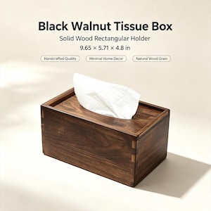 May include: A rectangular black walnut tissue box with visible wood grain and box joint corners. The holder measures 9.65 x 5.71 x 4.8 inches and contains a white tissue. Text on the image reads: Black Walnut Tissue Box, Solid Wood Rectangular Holder.