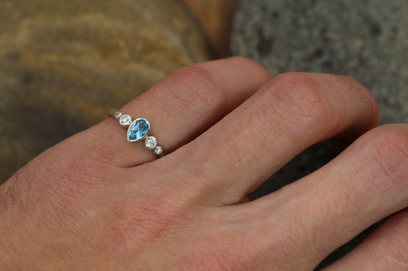 Swiss Blue Topaz Tear Drop Ring Alternative Ring Swiss Blue Topaz and Diamond Multi Bezel Engagement Ring Swiss Blue Topaz Pear Ring