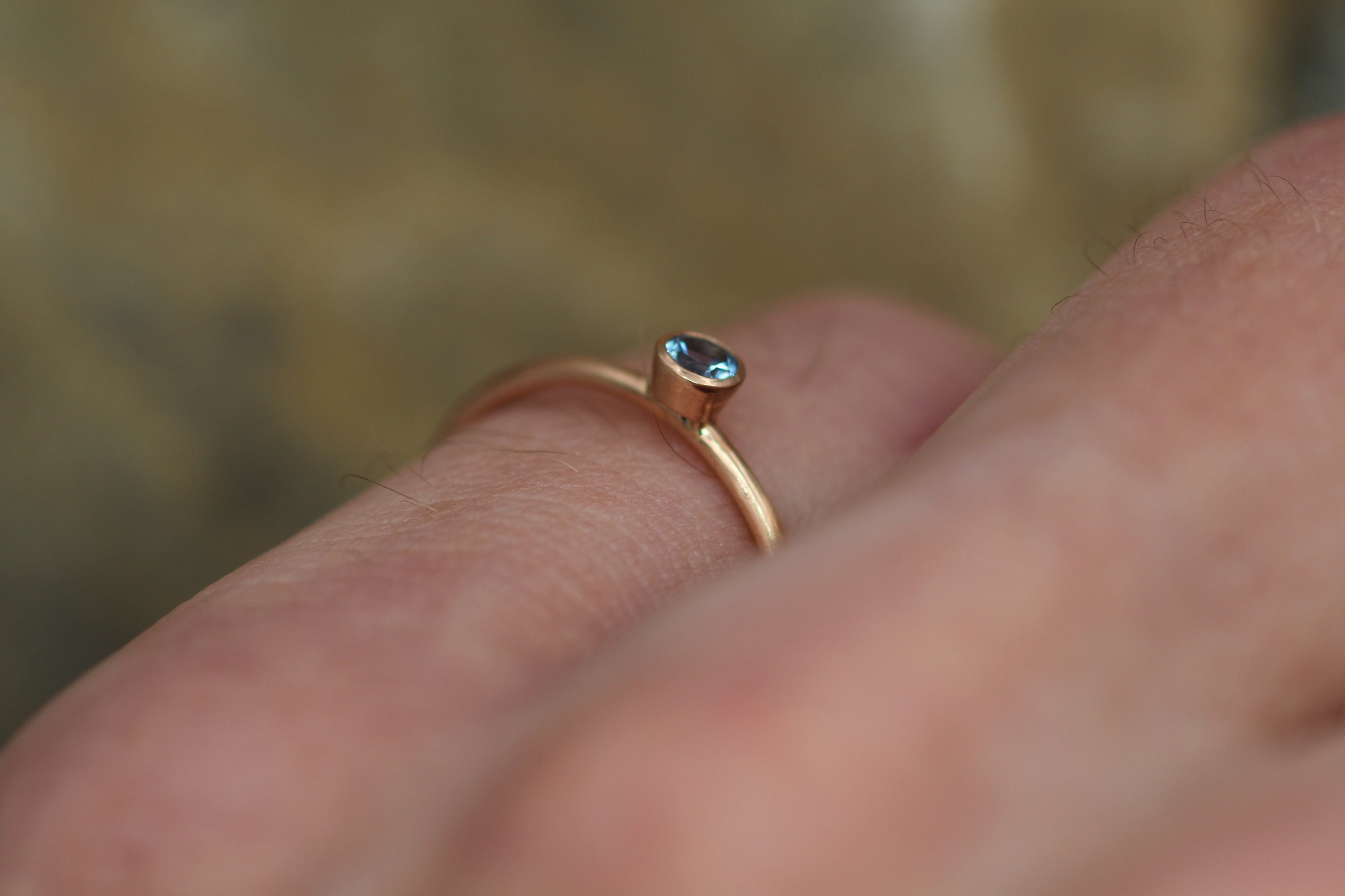Aquamarine 3mm Matte Rose Gold Stacking Bezel Ring Made in Solid 14