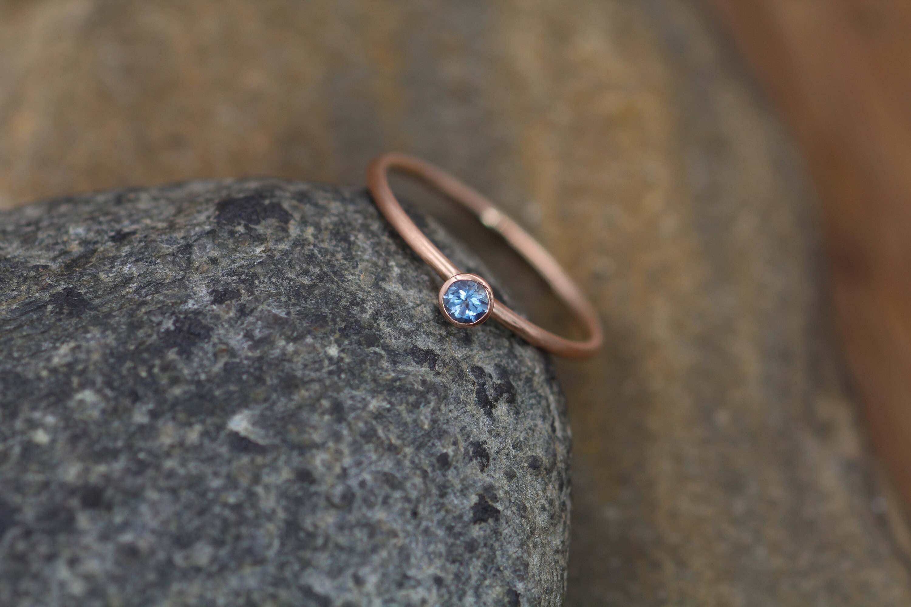 Aquamarine 3mm Matte Rose Gold Stacking Bezel Ring Made in Solid 14