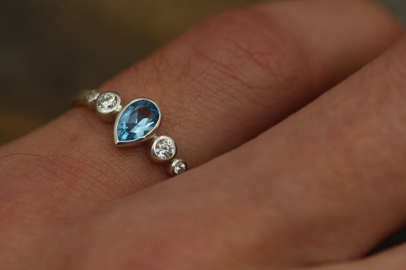 Swiss Blue Topaz Tear Drop Ring Alternative Ring Swiss Blue Topaz and Diamond Multi Bezel Engagement Ring Swiss Blue Topaz Pear Ring