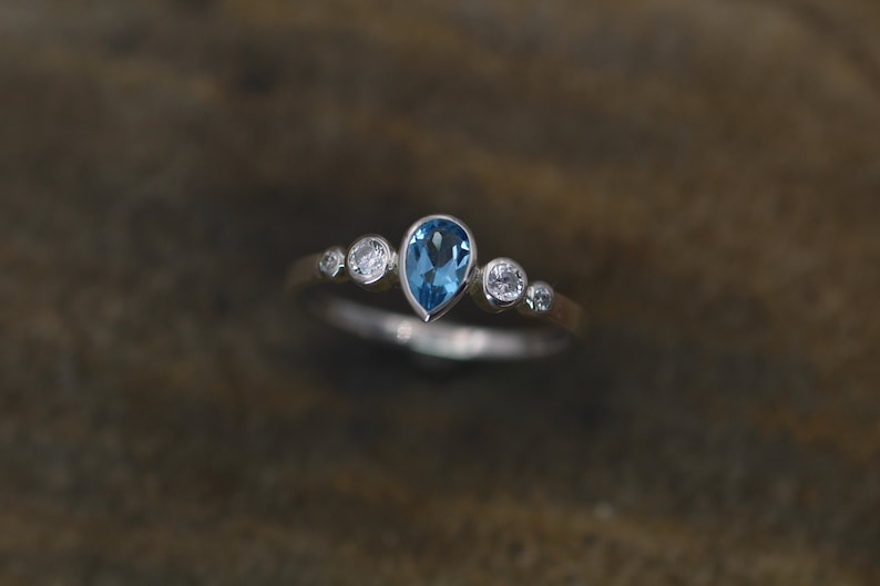 Swiss Blue Topaz Tear Drop Ring Alternative Ring Swiss Blue Topaz and Diamond Multi Bezel Engagement Ring Swiss Blue Topaz Pear Ring