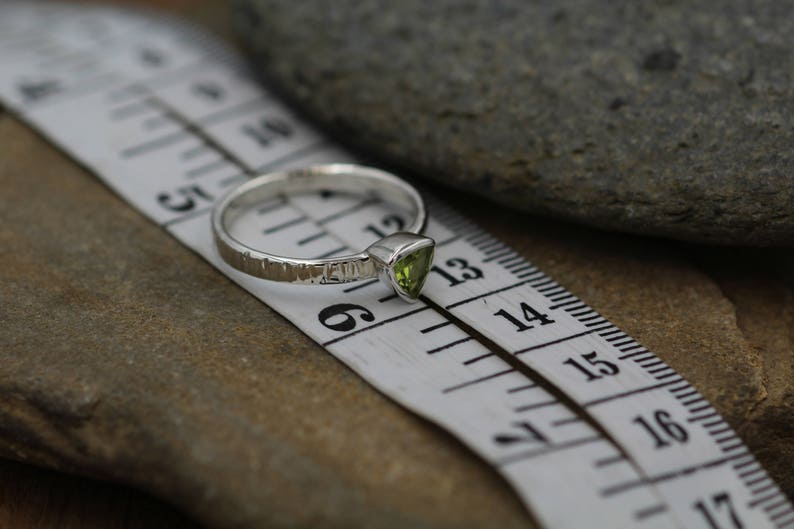 Recycled Ring Peridot Ring Peridot Trillion Bark Texture Bezel Alternative Engagement Ring Birthstone Ring Bezel Solitaire Ring