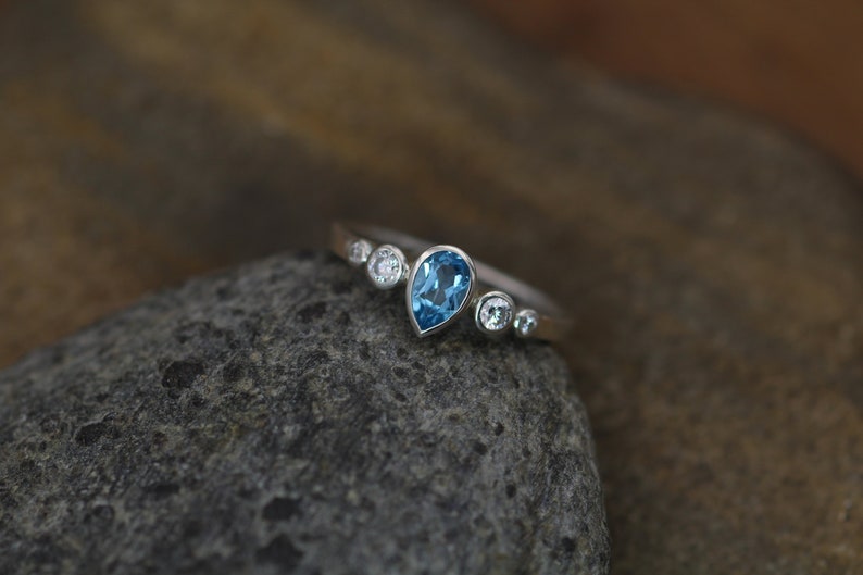 Swiss Blue Topaz Tear Drop Ring Alternative Ring Swiss Blue Topaz and Diamond Multi Bezel Engagement Ring Swiss Blue Topaz Pear Ring