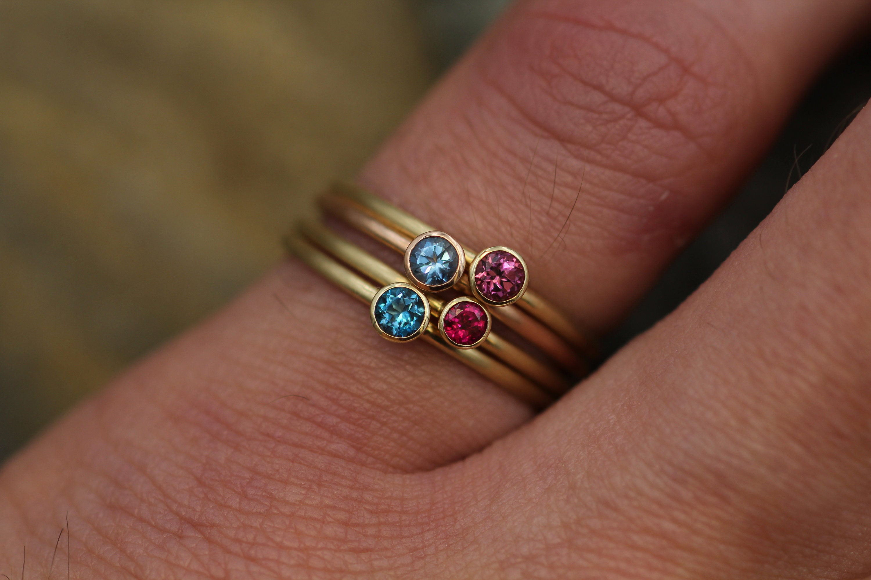 Aquamarine 3mm Matte Rose Gold Stacking Bezel Ring Made in Solid 14