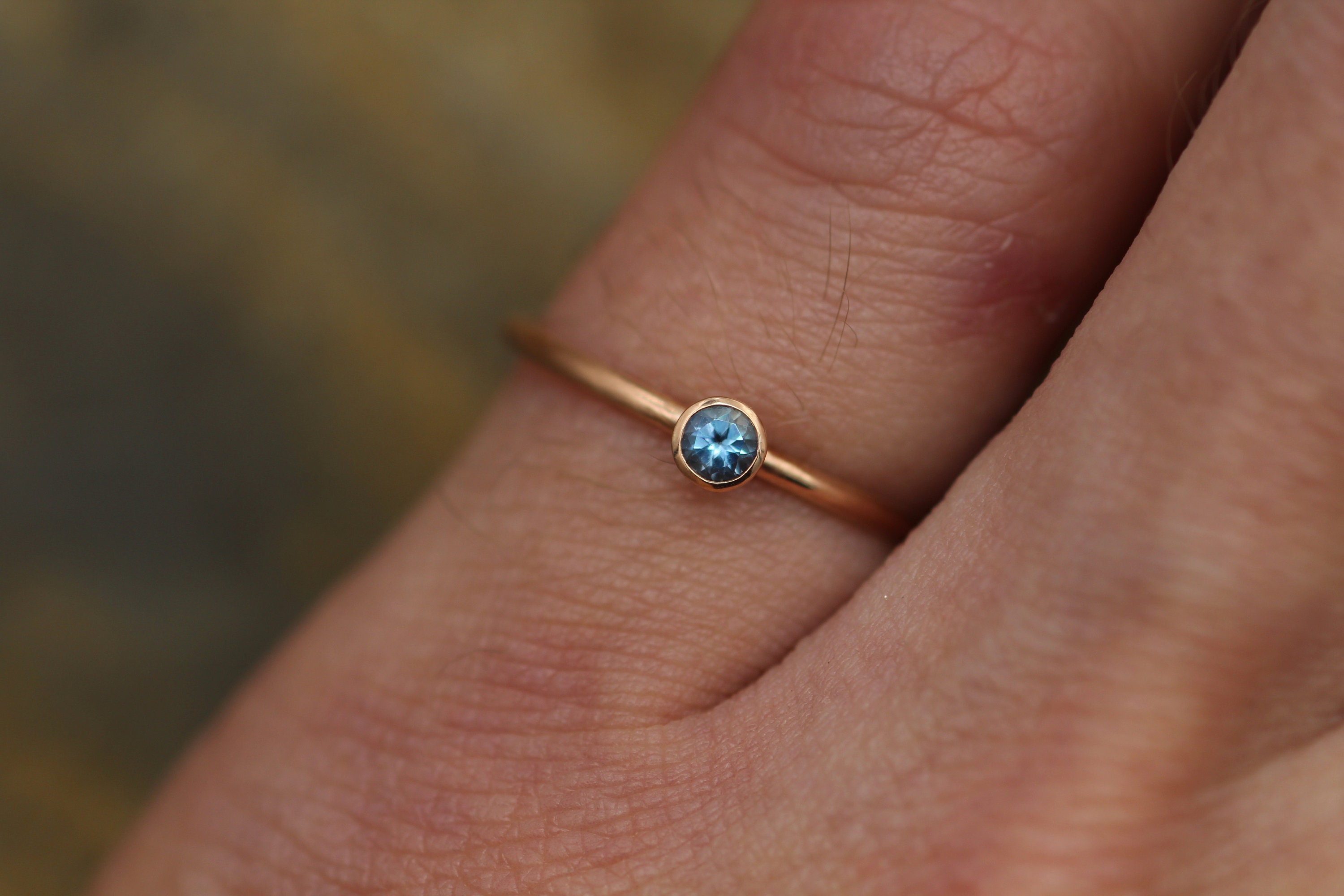 Aquamarine 3mm Matte Rose Gold Stacking Bezel Ring Made in Solid 14
