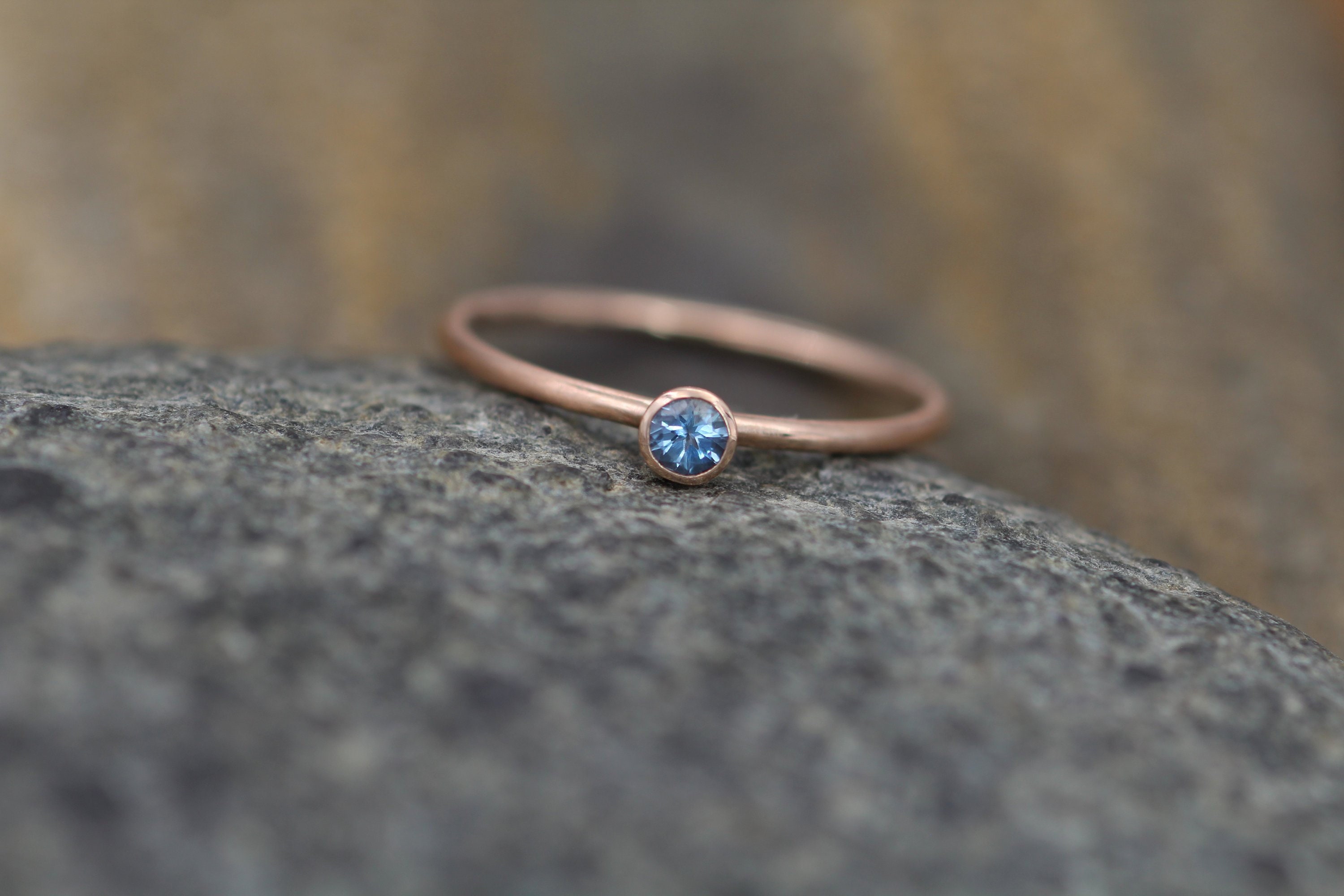 Aquamarine 3mm Matte Rose Gold Stacking Bezel Ring Made in Solid 14