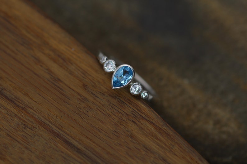 Swiss Blue Topaz Tear Drop Ring Alternative Ring Swiss Blue Topaz and Diamond Multi Bezel Engagement Ring Swiss Blue Topaz Pear Ring