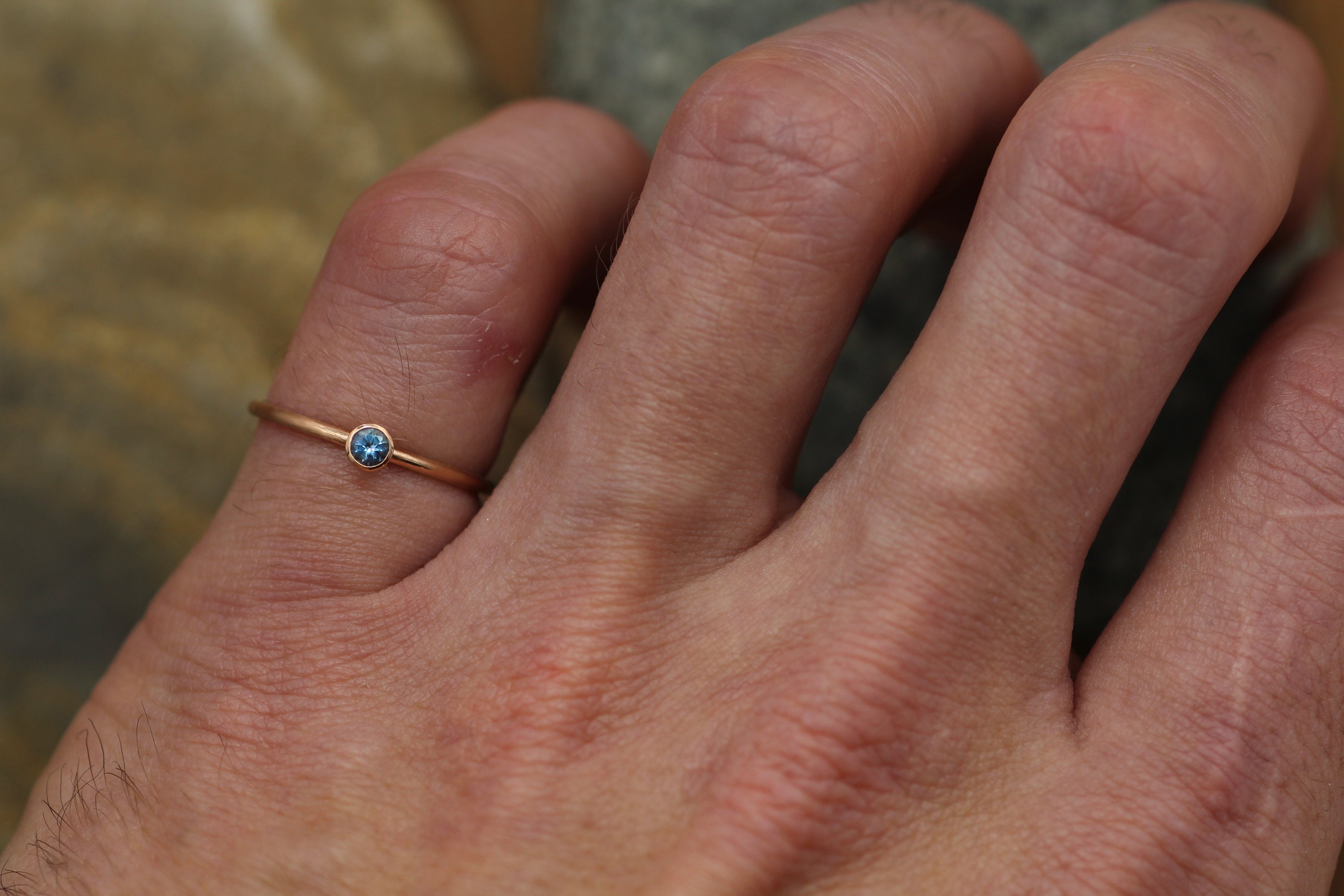 Aquamarine 3mm Matte Rose Gold Stacking Bezel Ring Made in Solid 14