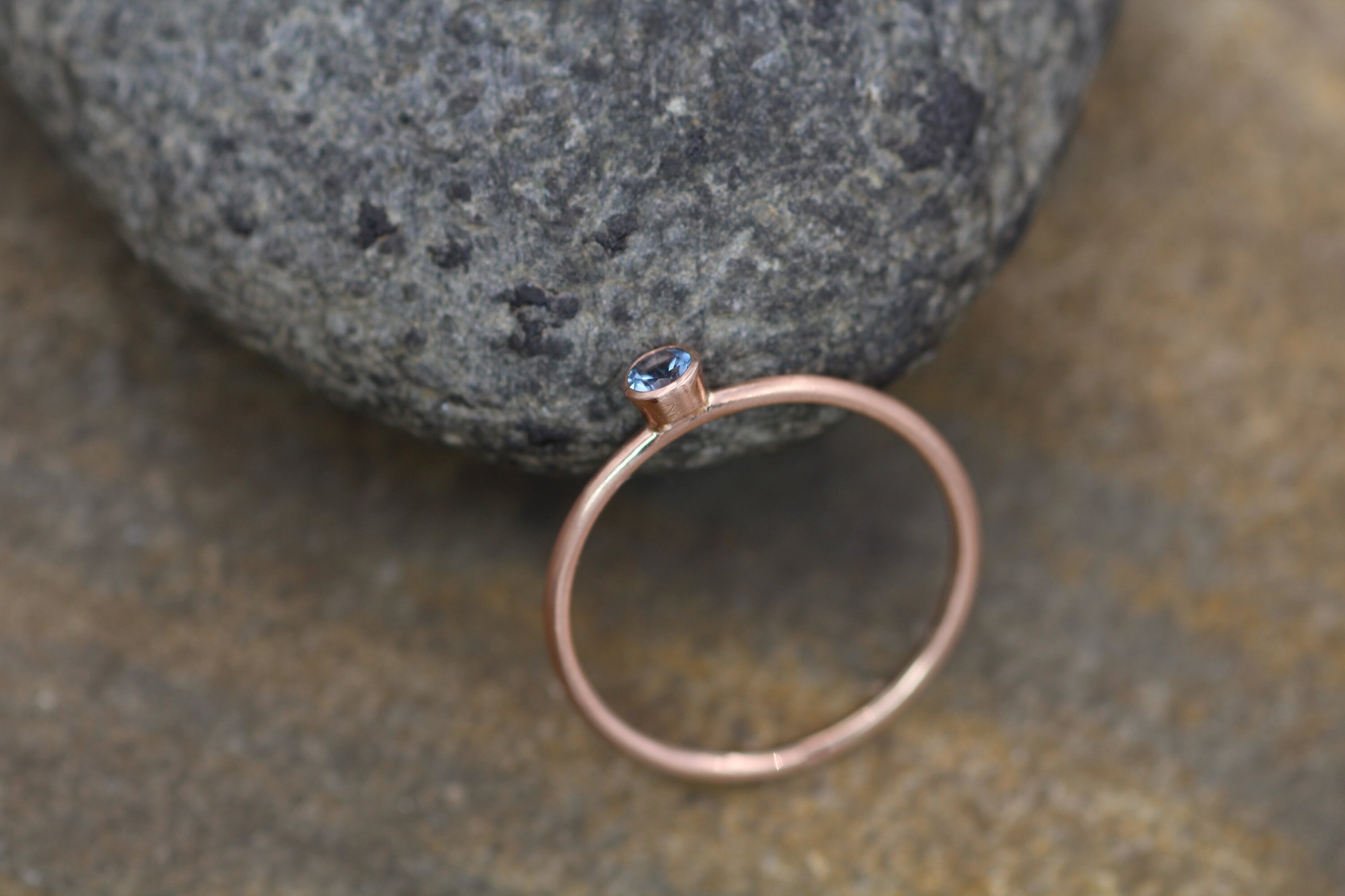 Aquamarine 3mm Matte Rose Gold Stacking Bezel Ring Made in Solid 14