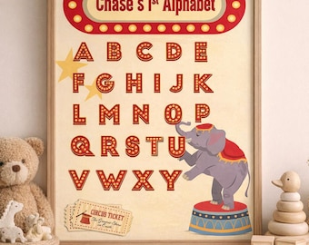 Circus Themed 1st Alphabet Poster, Personalized Kids Alphabet Wall Art (Digital Download)