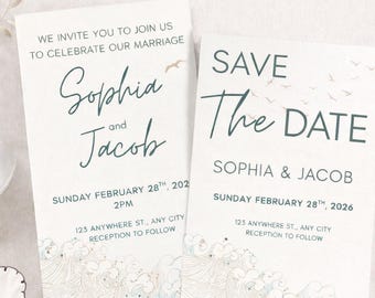 Ocean themed Save the Date and Wedding Invitation Bundle, Minimalist Wedding Set