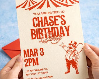 Circus Themed Birthday Invitation,  Editable Digital Download