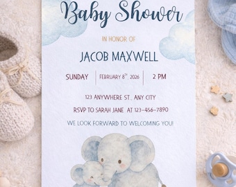 Editable Baby Shower Invitation, Elephant theme, Digital Download