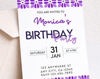 Editable Purple Floral Birthday Invitation – Canva Template