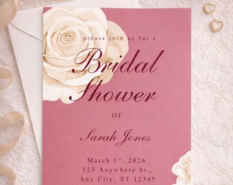 Bridal Shower Invitation, Pink and Cream Floraful Editable Digital Download