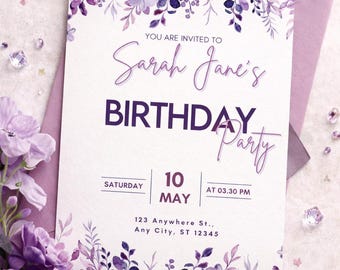 Editable Purple Floral Birthday Invitation – Canva Template