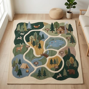 May include: A rectangular area rug featuring a colorful illustrated map of a forest landscape. The design includes a log cabin, a lake, a winding river, a bridge, a tent, a campfire, and various wildlife like a bear, deer, fox, and rabbits.