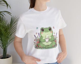 Cute Frog Drinking Tea Coffee T-Shirt | Frog In Grass | Tea Coffee Lover Tee