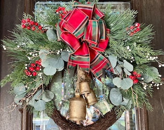 BELLS and BERRIES CHRISTMAS Wreath with a Red Plaid Tartan Bow