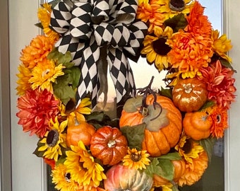 PUMPKINS, MUMS and SUNFLOWERS Fall Wreath, Colorful Fall Wreath