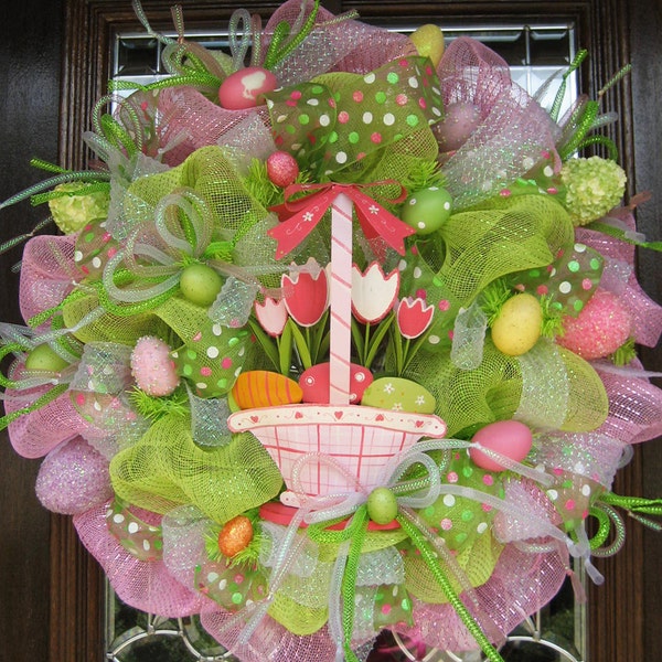 Deco Mesh EASTER WREATH with BASKET of Tulips