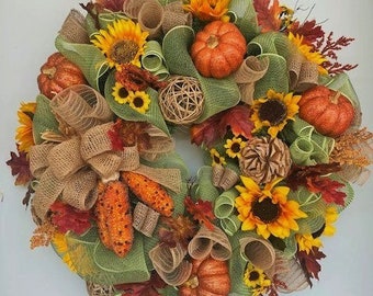 FALL HARVEST WREATH, Autumn Wreath, Pumpkins and Sunflowers Fall Wreath