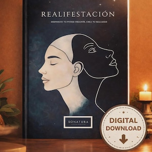 Może przedstawiać: Książka zatytułowana "REALIFESTACIÓN" ze stylizowaną ilustracją dwóch twarzy, jednej jasnej i jednej ciemnej, na ciemnoniebieskim tle. Książka zawiera tekst "DESPIERTA TU PODER CREADOR, CREA TU REALASSID" oraz naklejkę "POBIERANIE CYFROWE".