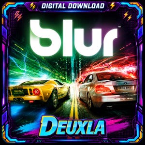 May include: Digital download graphic with the word "blur" in large white letters. Two cars, a yellow sports car and a silver sedan, race down a road. The word "Deuxla" is at the bottom.