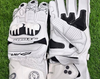 Vita, trendiga GP Pro motorcykelhandskar i äkta läder: Herrutrustning för gatutävlingar och motorcykel