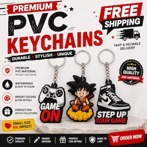 Puede incluir: Llaveros de PVC con un mando de videojuegos, un personaje de dibujos animados y una zapatilla de caña alta. Los llaveros son negros, blancos y rojos, con las palabras "Game On" y "Step Up Your Game". Duraderos, elegantes y únicos.