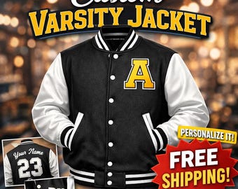 Anpassad ulljacka med läderärmar, personlig Letterman-logotyp och broderade märke