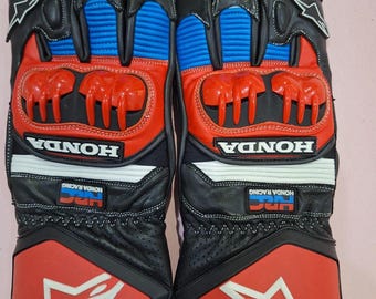 Vita, trendiga Honda-motorcykelhandskar i äkta läder: Herrutrustning för gatutävlingar och motorcykel