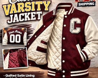 Anpassad universitetsjacka, personligt namn, Letterman-kappa för college, ullblandning, quiltat foder