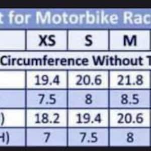 Op de afbeelding: Maattabel voor motorracehandschoenen. Internationale maten van XS tot 4XL. Afmetingen in centimeters en inches voor de handomtrek van mannen en vrouwen zonder duim.