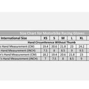 May include: A size chart for motorbike racing gloves, with measurements in inches and centimeters. The chart includes international sizes from XS to 4XL, detailing hand circumference without the thumb for men and women.