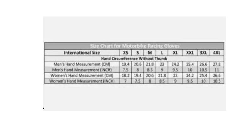 May include: A size chart for motorbike racing gloves, with measurements in inches and centimeters. The chart includes international sizes from XS to 4XL, detailing hand circumference without the thumb for men and women.