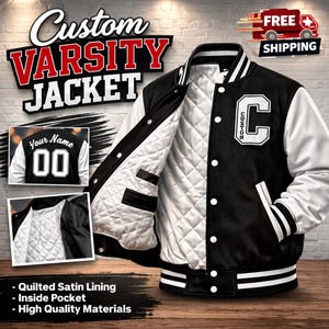 May include: Black varsity jacket with white sleeves, featuring a large white "C" patch. The jacket has a quilted satin lining and an inside pocket. The image includes the text "Custom Varsity Jacket" and "Free Shipping".