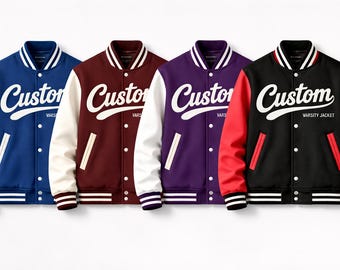 Broderad universitetsjacka med personlig broderi: Yllekropp, läderärmar, personlig Letterman-stil