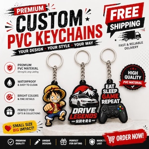May include: Custom PVC keyrings with diverse designs. One keyring features a cartoon character, another a white car with the text "Drive Legends", and the third a game controller with the text "Eat Sleep Game Repeat". The keyrings are waterproof and have bright colours.