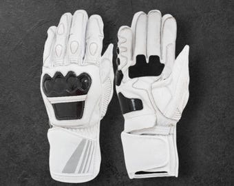 Vita motorcykelhandskar i läder | Äkta läder – Hårt knogeskydd | Personlig present