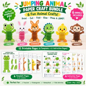May include: A digital paper craft bundle featuring six jumping animal characters: a green frog, white bunny, orange kangaroo, green dinosaur, yellow chick, and brown monkey. Includes 12 printable pages with templates and instructions.