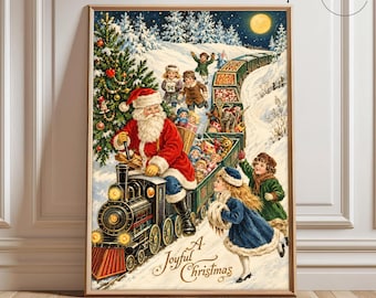 May include: A vintage-style Christmas poster featuring Santa Claus driving a steam locomotive pulling train cars filled with toys. Children in winter clothing run alongside the train in a snowy landscape with a full moon and the text A Joyful Christmas.