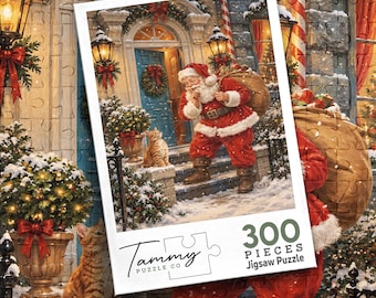 May include: A 300-piece jigsaw puzzle by Tammy Puzzle Co featuring a festive scene of Santa Claus with a large sack standing on snowy steps before a blue door, while a ginger cat looks up at him. The image includes a wreath and lanterns.