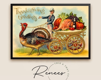 Vintage Thanksgiving Greetings Wall Art, Antique Turkey Harvest Print, Victorian Thanksgiving Decor, Rustic Farmhouse Canvas